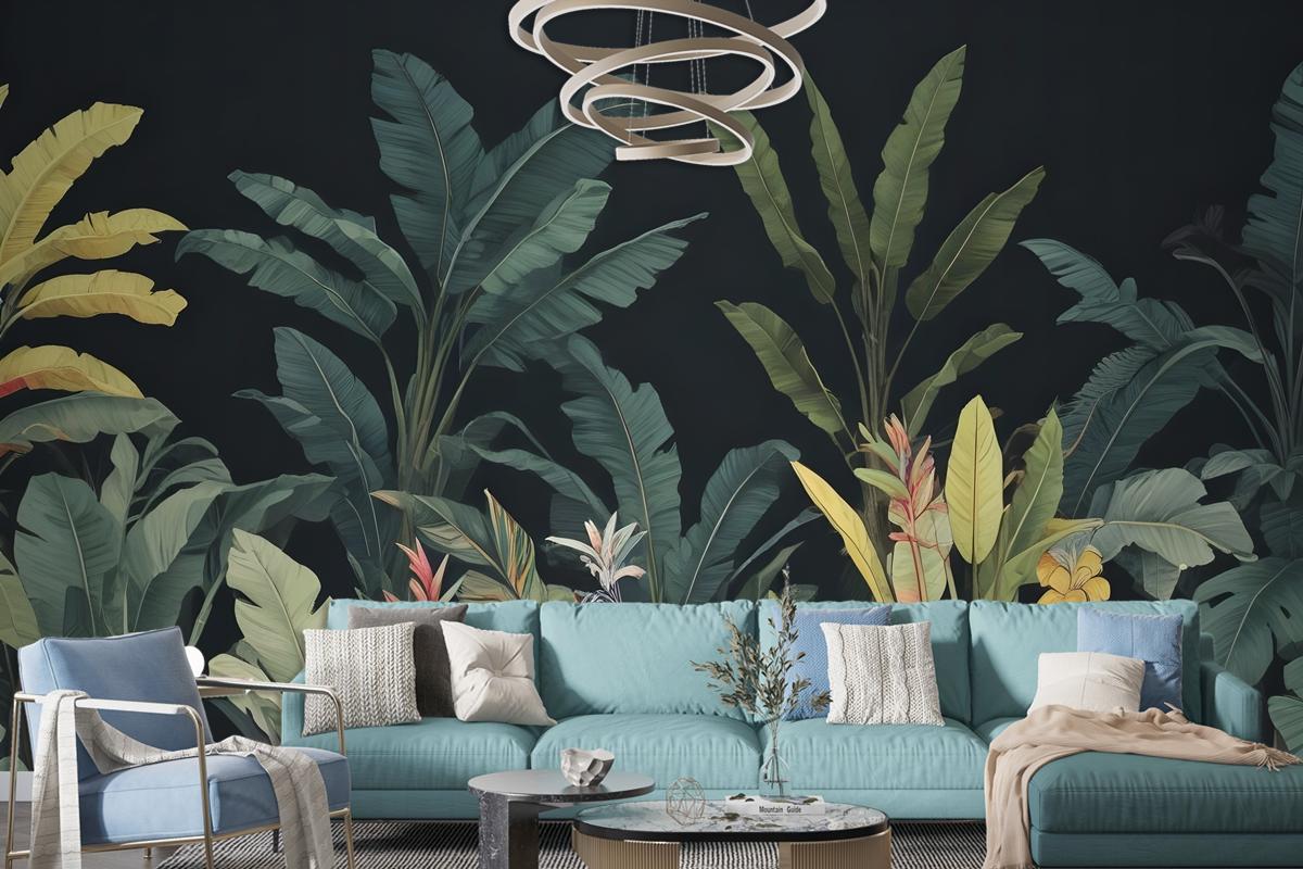 Dark Background Large Green Leaves Banana Plants Colorful Flowers Wallpaper Mural
