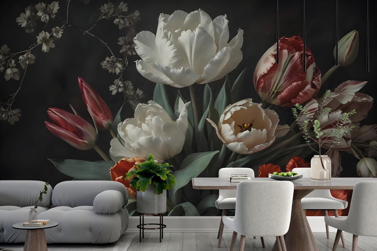 Dark Floral Dutch Bouquet With Tulips Bedroom Wallpaper Mural
