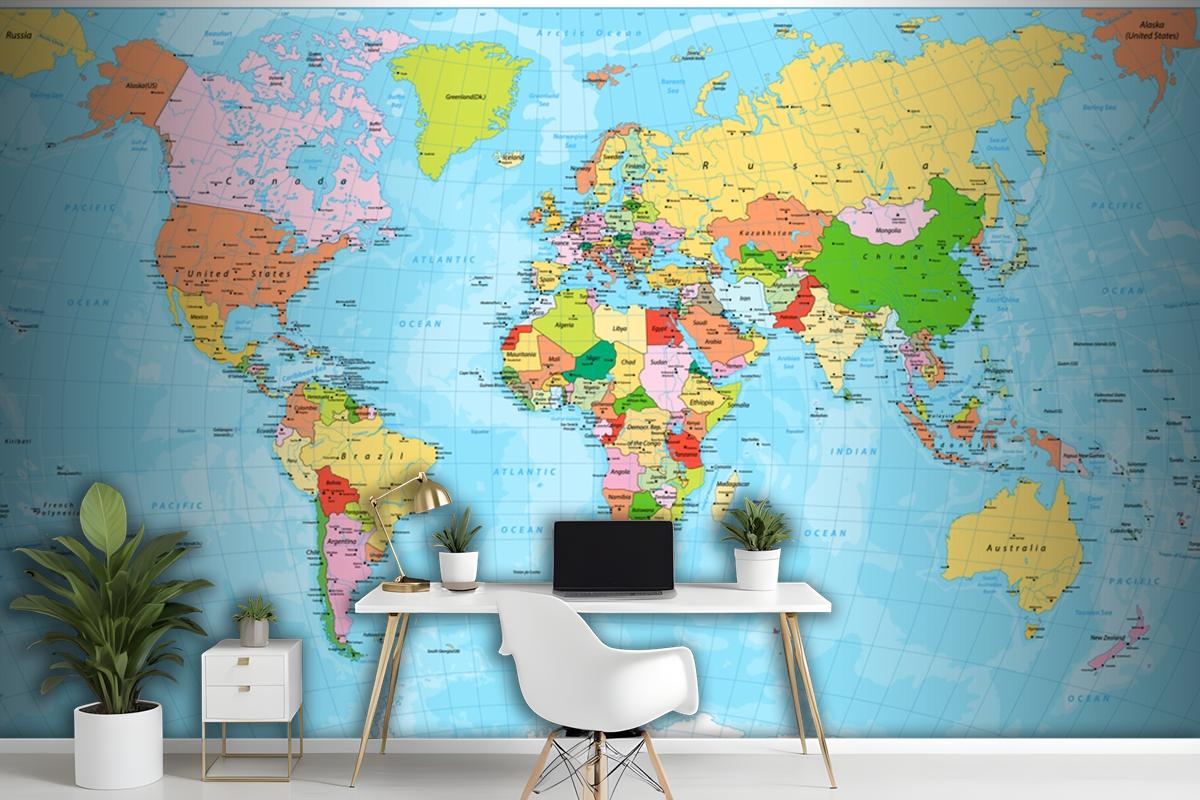 Detailed Political World Map With Capitals Wallpaper Mural