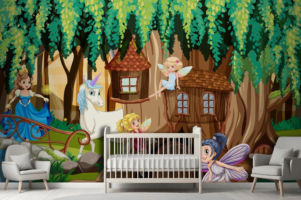Fantasy Forest With Fairies And Unicorn Wallpaper Mural
