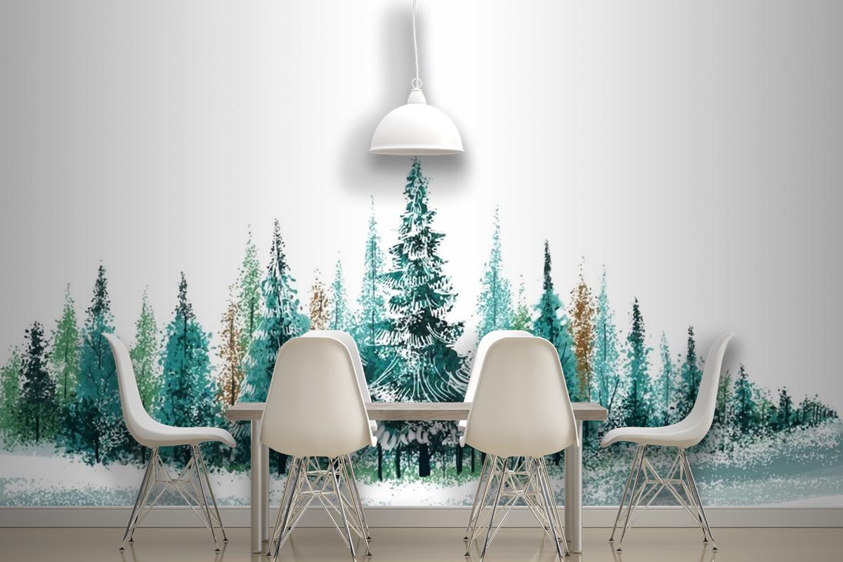 Festive Winter Landscape Christmas Trees Beautiful Holiday Card Wallpaper Mural