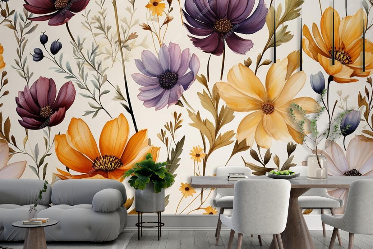 Floral Frame Background With Wildflowers Watercolor Wallpaper Mural