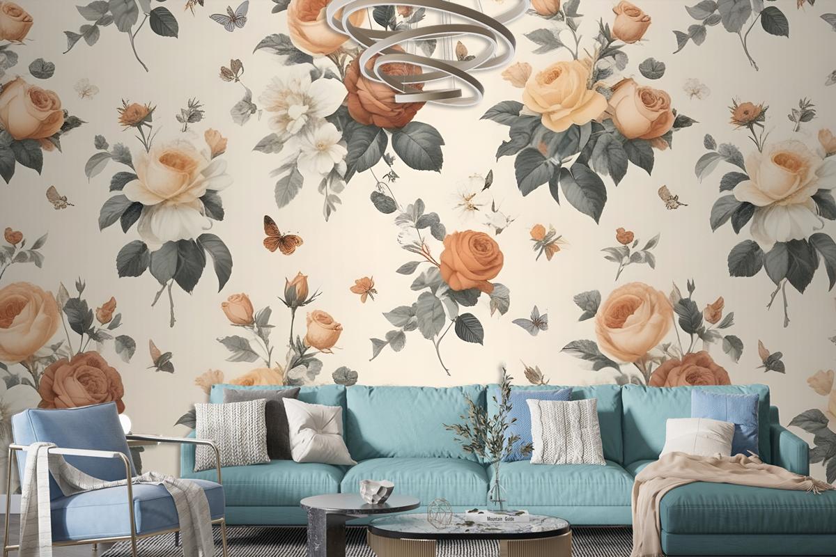 Floral Pattern With Various Types Of Roses Wallpaper Mural