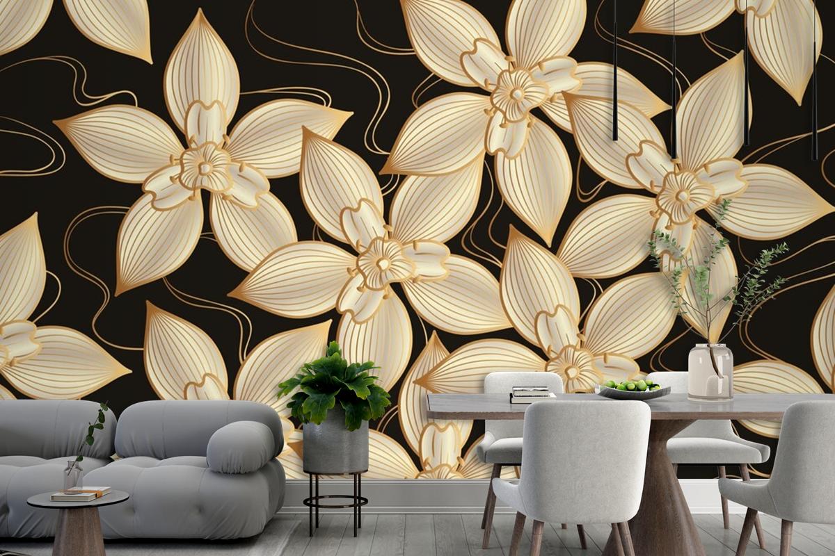 Gradient Golden Linear Background With Elegant Flowers Wallpaper Mural