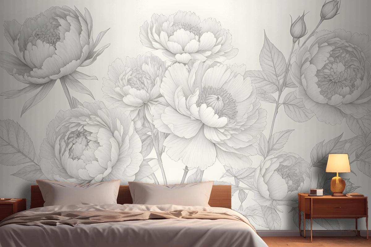 Gray Large Illustrated Roses Wallpaper Mural