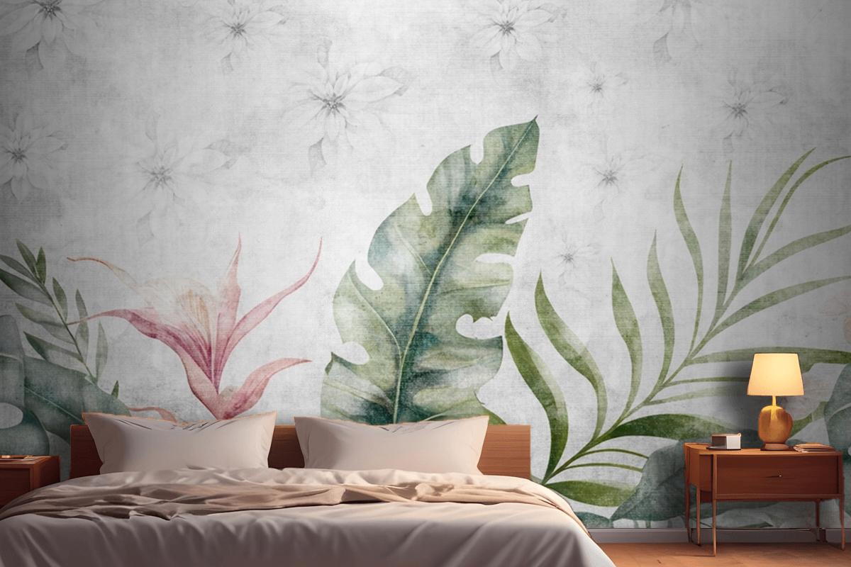 Green Branches Tree Leaves On Drawing Gray Bedroom Wallpaper Mural