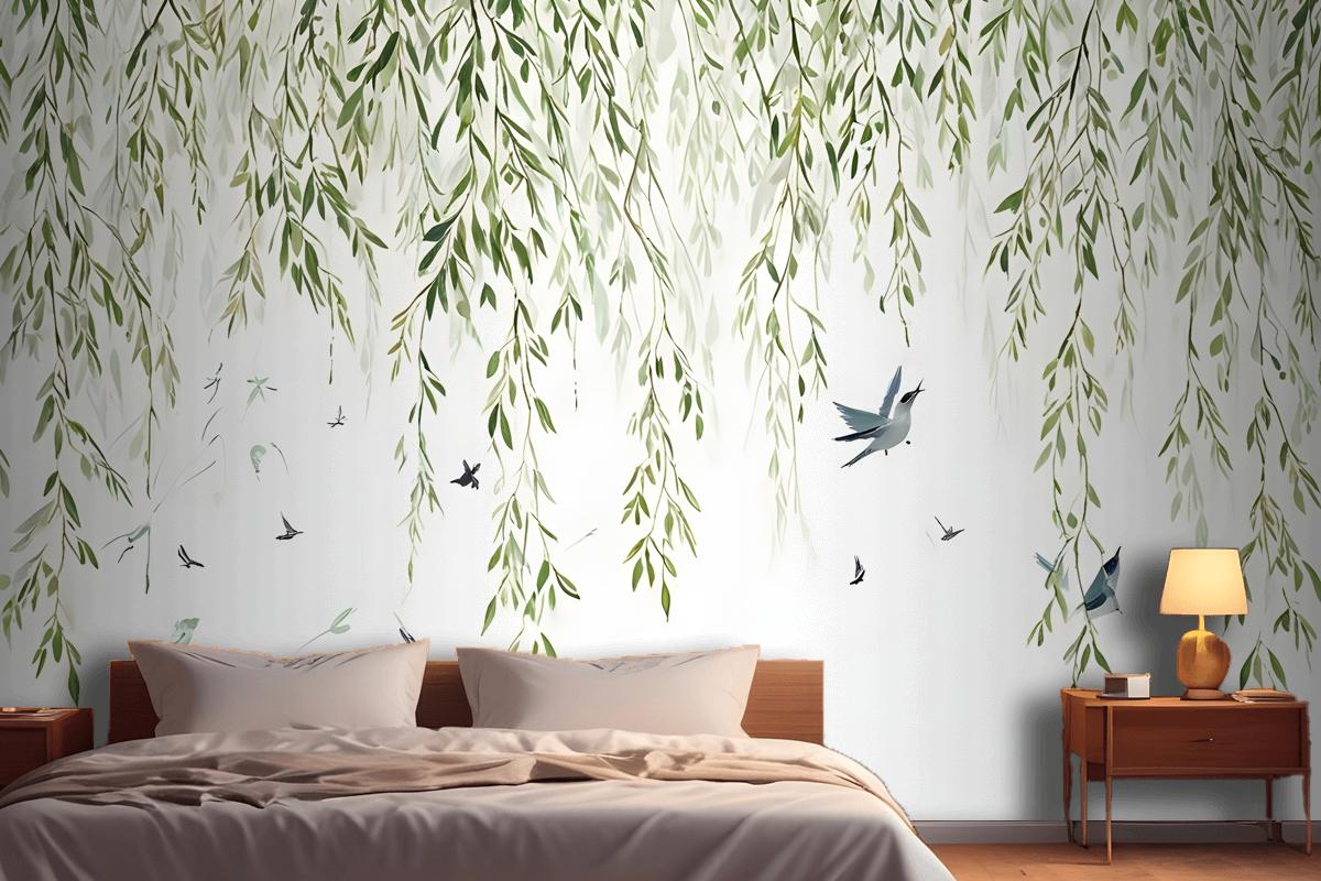 Green Hanging Leaves With Colorful Birds Wallpaper Mural