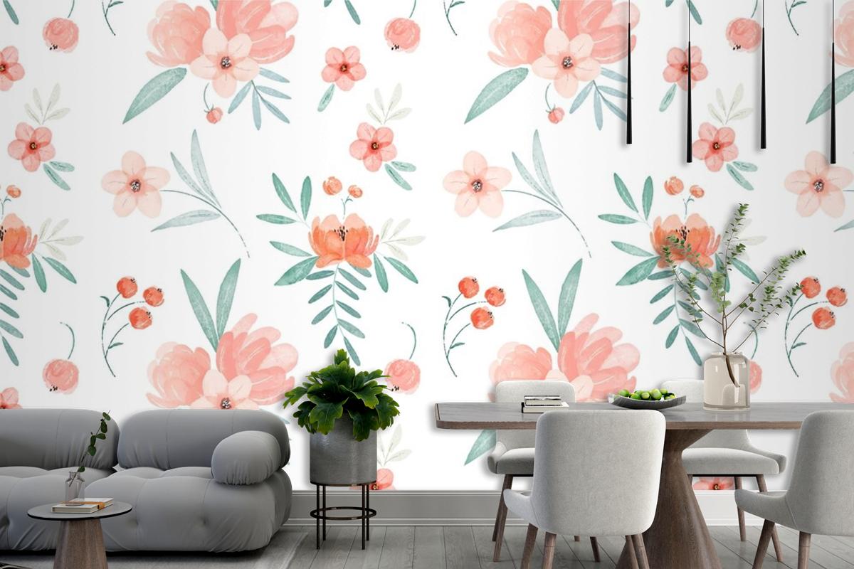 Hand Painted Watercolor Floral Pattern In Peach Tones Wallpaper Mural