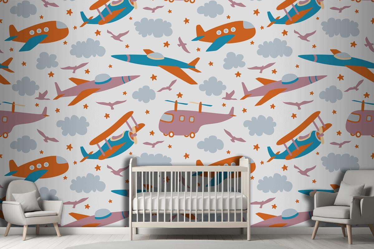 Hipster Doodles Colorful Seamless Pattern With Plane Drawing Wallpaper Mural