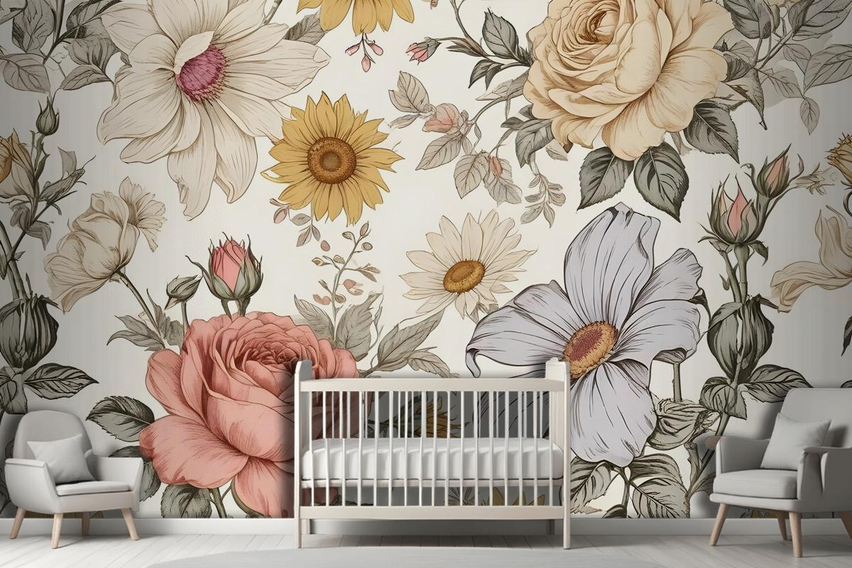 Kids Peony And Daisy Floral Wallpaper Mural