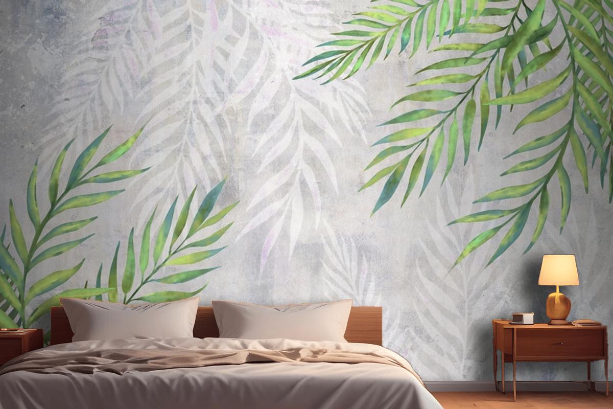 Leaves In The Corners On A Light Textured Bedroom Wallpaper Mural