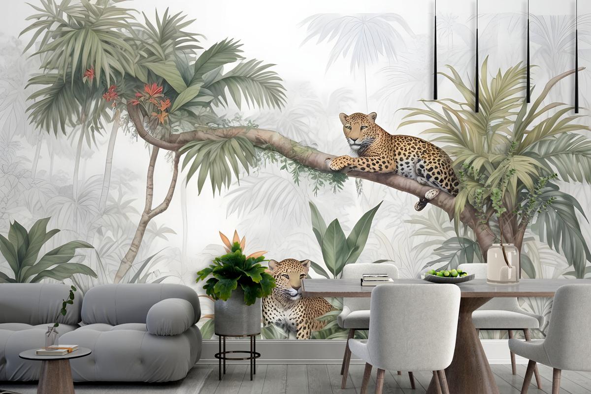 Leopards And Tropical Leaves Wallpaper Mural