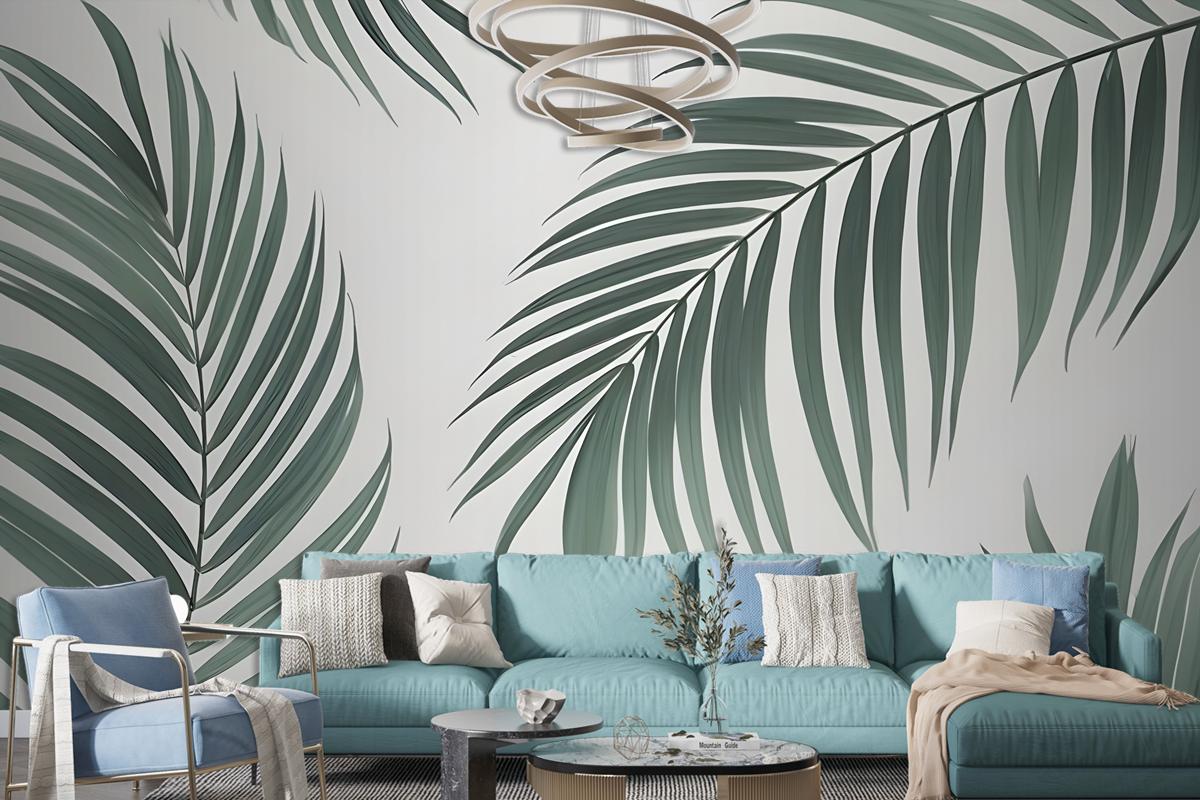 Light Background Palm Leaves Various Shades Green Wallpaper Mural
