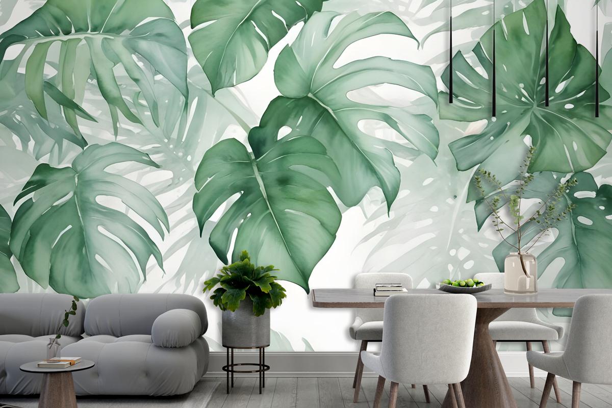 Light Green Tropical Leaves Wallpaper Mural