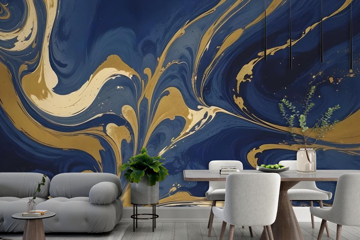 Liquid Abstract Marble Art Gold Blue Gradient Wallpaper Mural