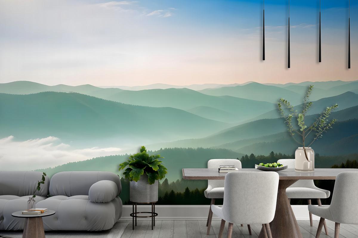 Misty Mountain Green Forest Scenic Wallpaper Mural
