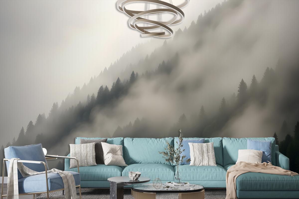 Misty Mountain Landscape With Dense Fog Covering The Forested Slopes Wallpaper Mural