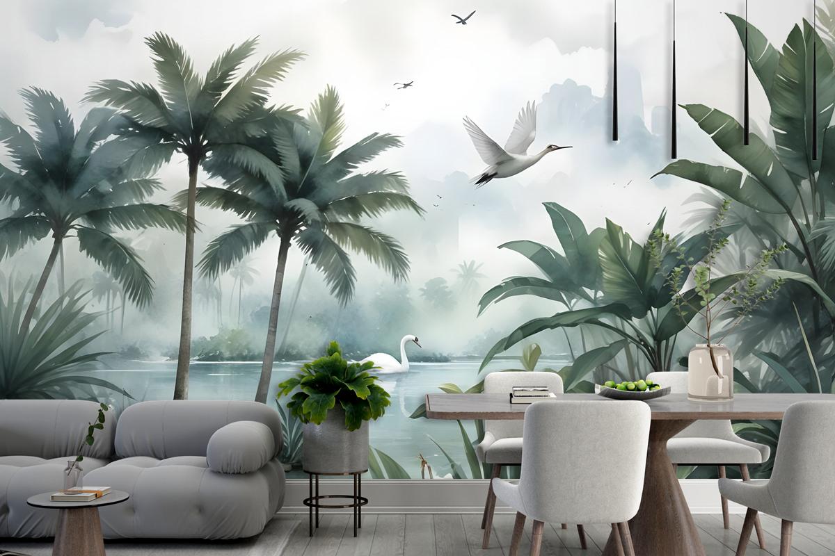 Misty Tropical Forest With Lake Wallpaper Mural