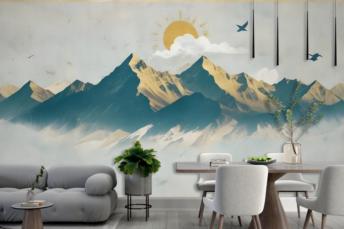 Mountain Sunrise Landscape And Old Plaid Texture Wallpaper Mural