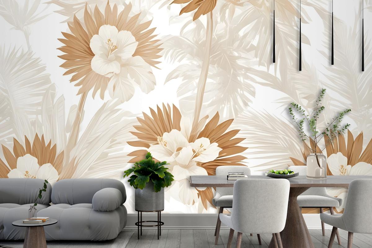 Neutral Boho Plants With Palm Leaf Wallpaper Mural