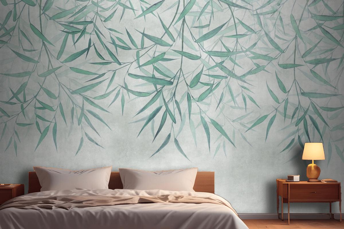 Painted Reed Bamboo Leaves Hanging From Above On A Textured Background Bedroom Wallpaper Mural