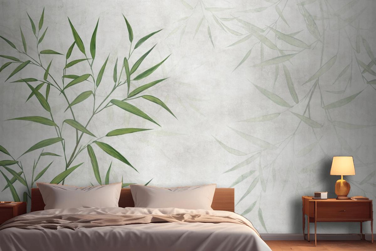 Painted Reed Bamboo Leaves On A Textured Background Bedroom Wallpaper Mural