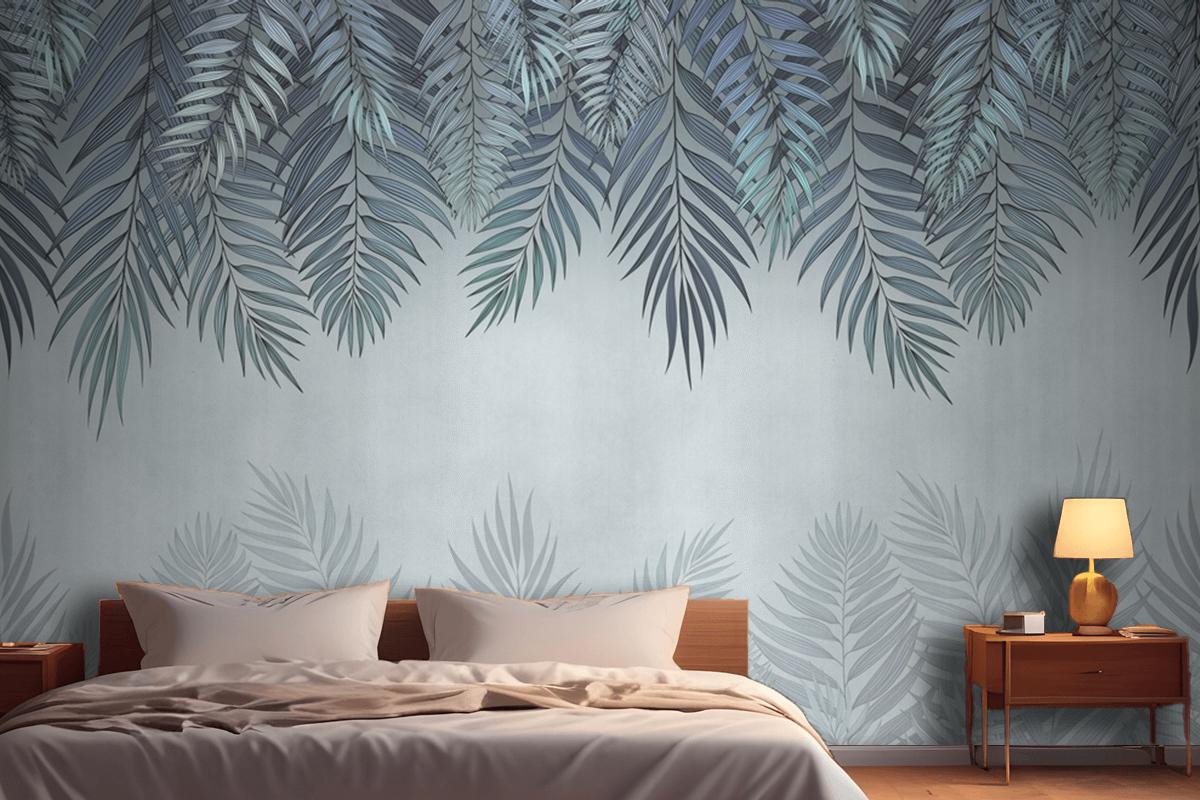 Palm Leaves In Pale Blue Flowers Bedroom Wallpaper Mural