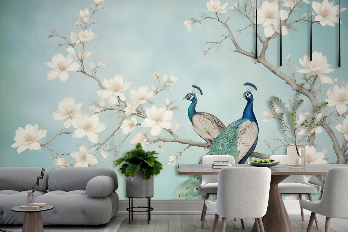 Peacock With Magnolia Blossom Wallpaper Mural