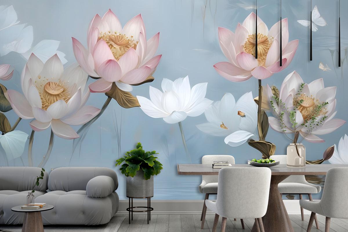 Pearl Lotus Flower And Little Butterfly Wallpaper Mural