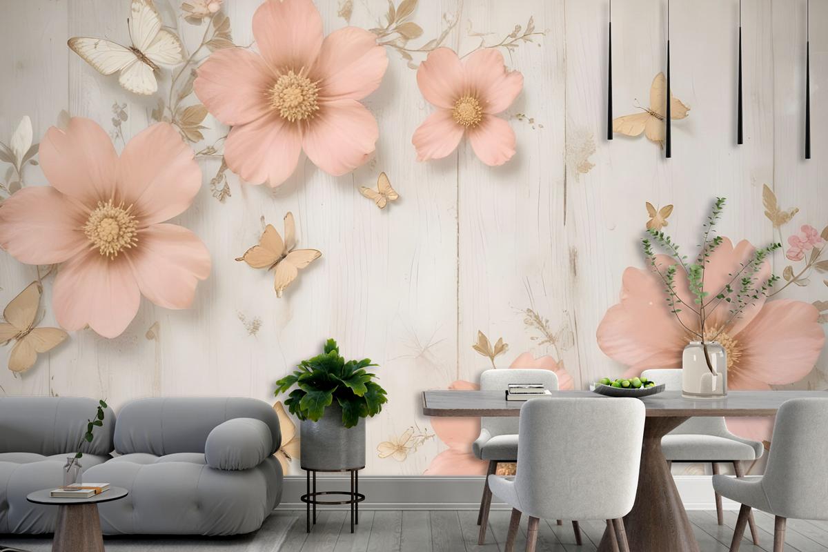 Pink Diamond Daisy With Butterflies Wallpaper Mural