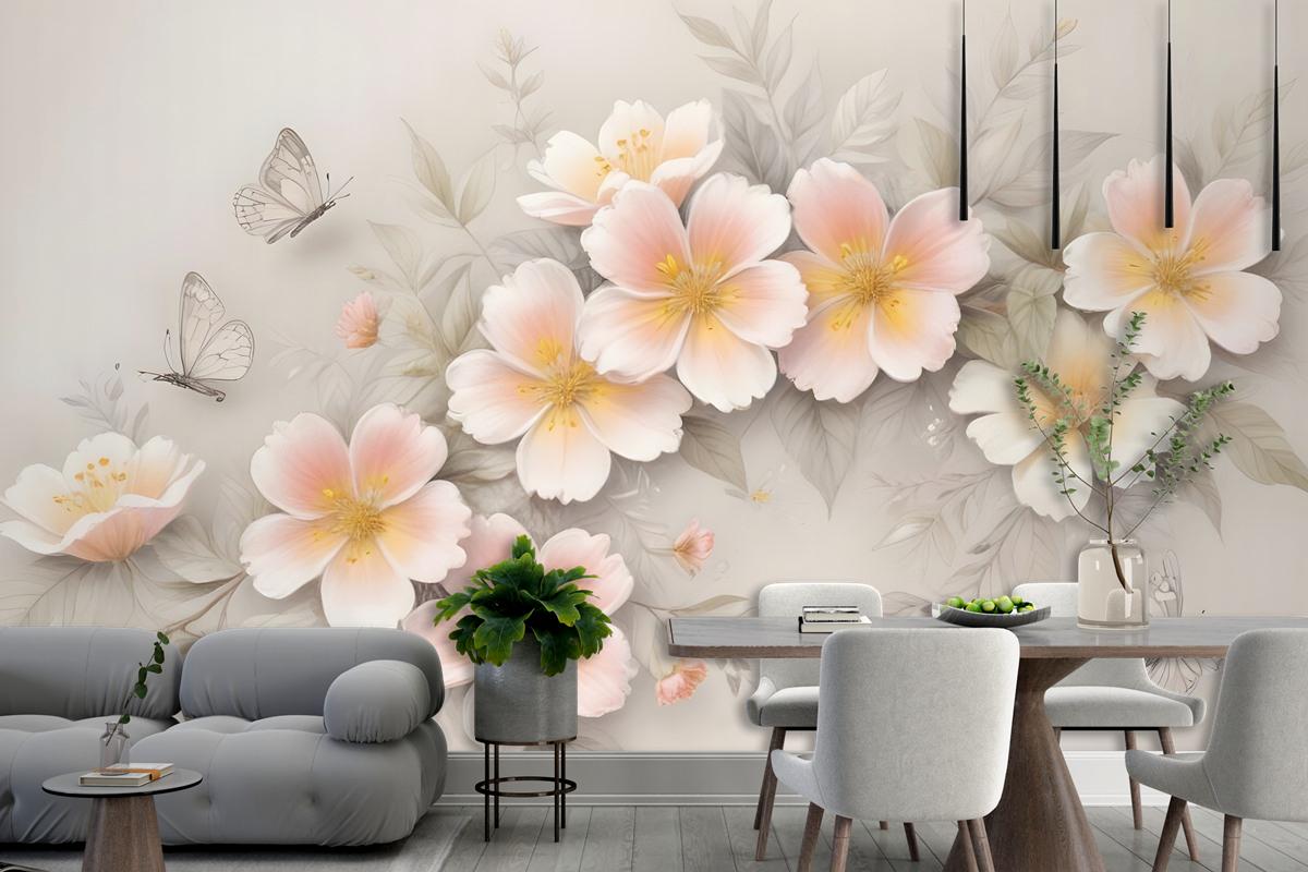 Pink Flower And White Butterfly Wallpaper Mural
