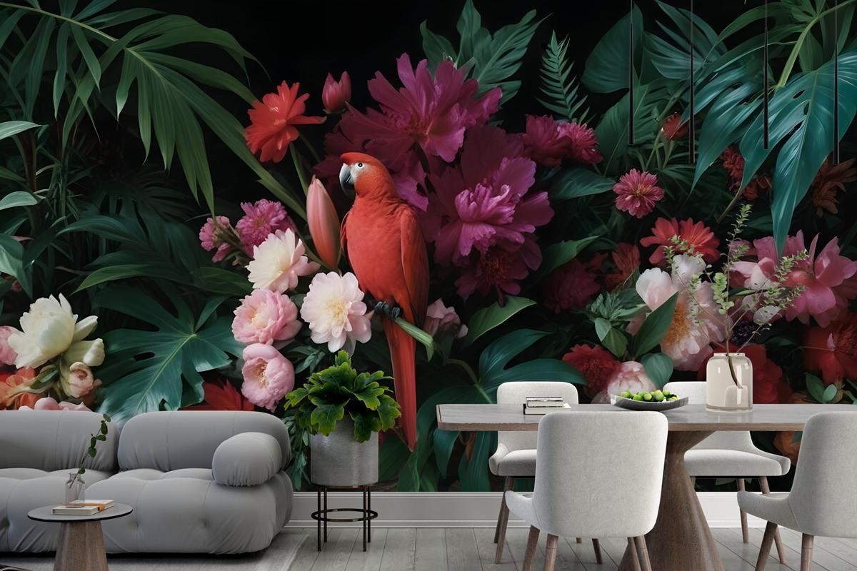 Red Parrot With Colorful Floral Wallpaper Mural