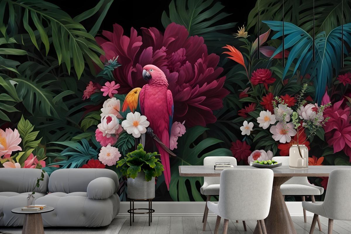 Pink Parrot With Colorful Floral Wallpaper Mural