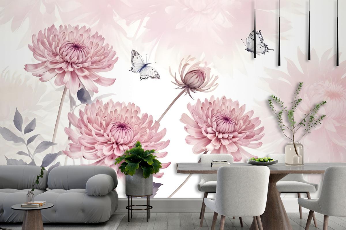 Retro Watercolor Pink Dandelion Flower Art Wallpaper Mural