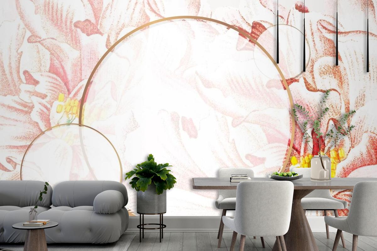 Round Floral Peony Frame Wallpaper Mural