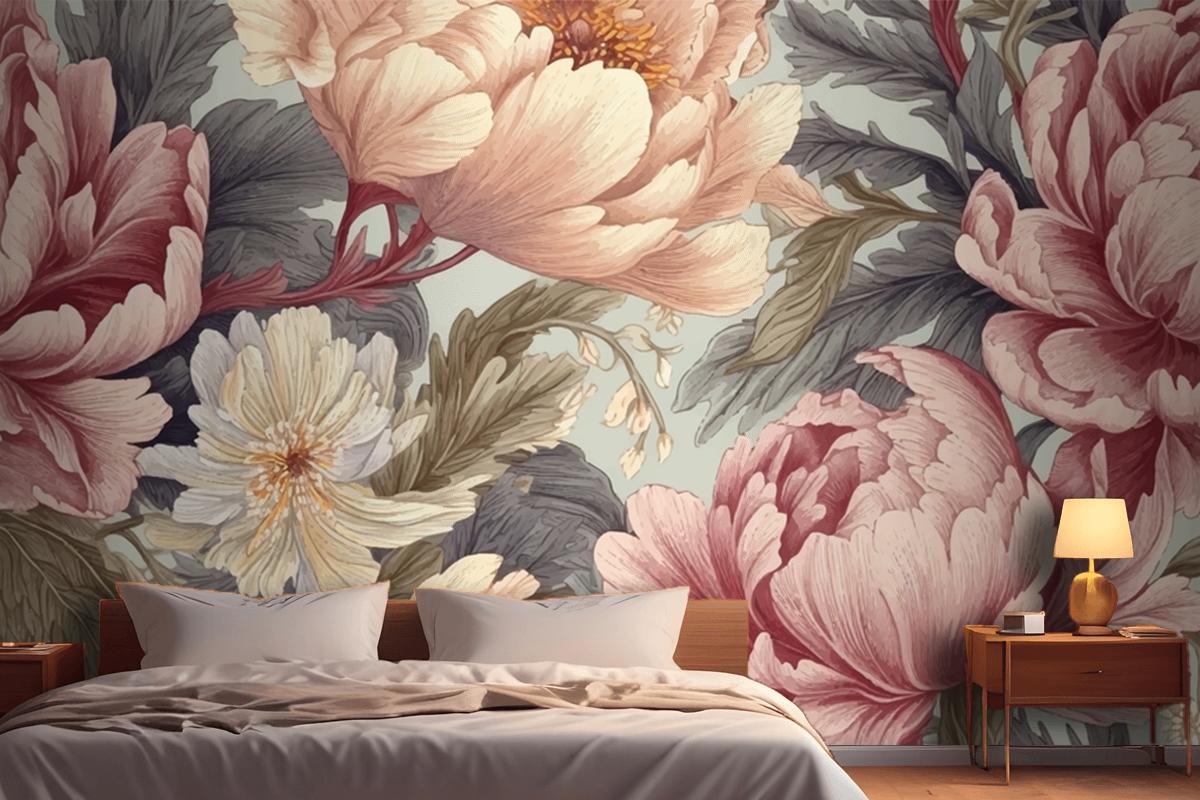 Seamless Boho Floral Pattern With Pink Peony Flowers Bedroom Wallpaper Mural