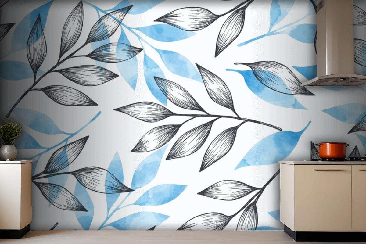 Simple Background With Gray And Blue Leaves Wallpaper Mural