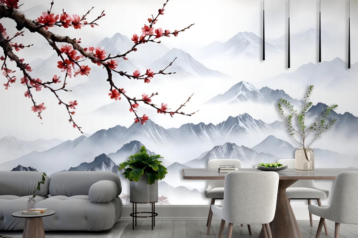 Snowy Mountainscape With Cherry Blossom Wallpaper Mural