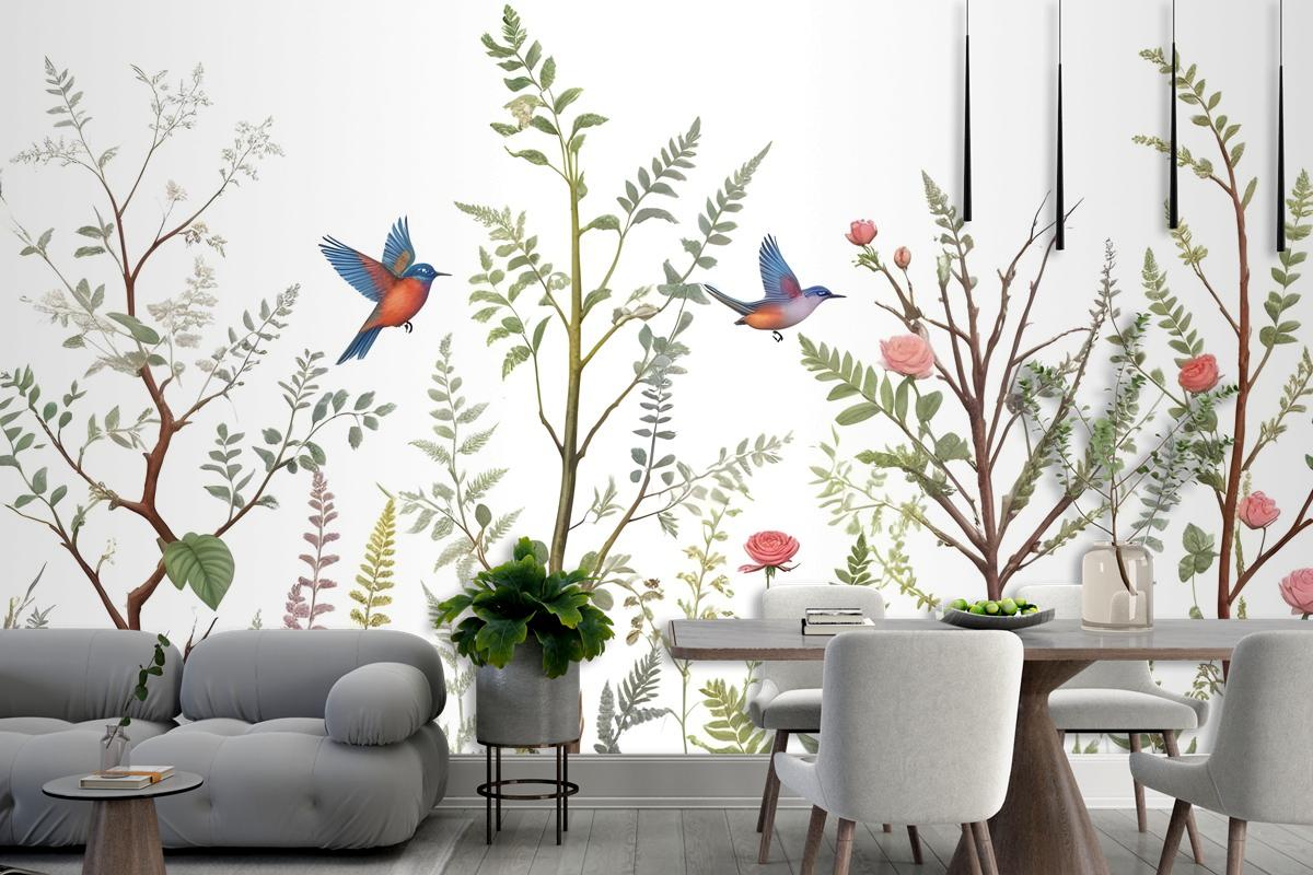 Spring Flower With Birds On The Trees Wallpaper Mural