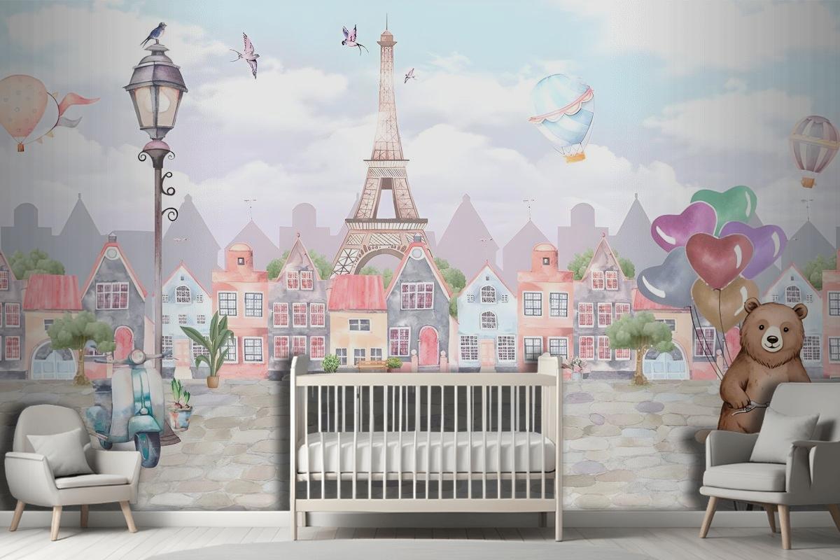 Sweet Teddy Bear in Paris Kids Room Wallpaper Mural