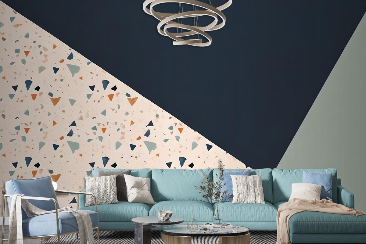 Terrazzo Style Pattern With Various Shapes Blue And Light Green Wallpaper Mural