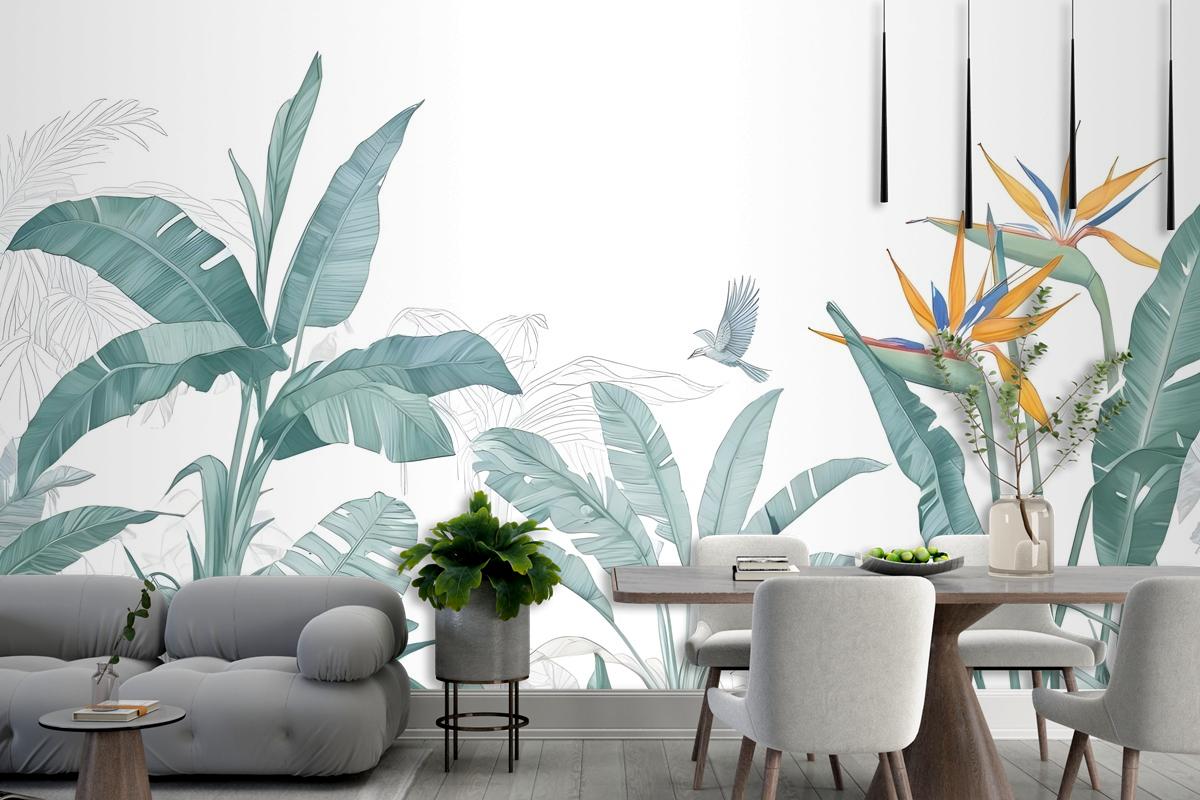 Tropical Banana Leaf With A Bird Wallpaper Mural