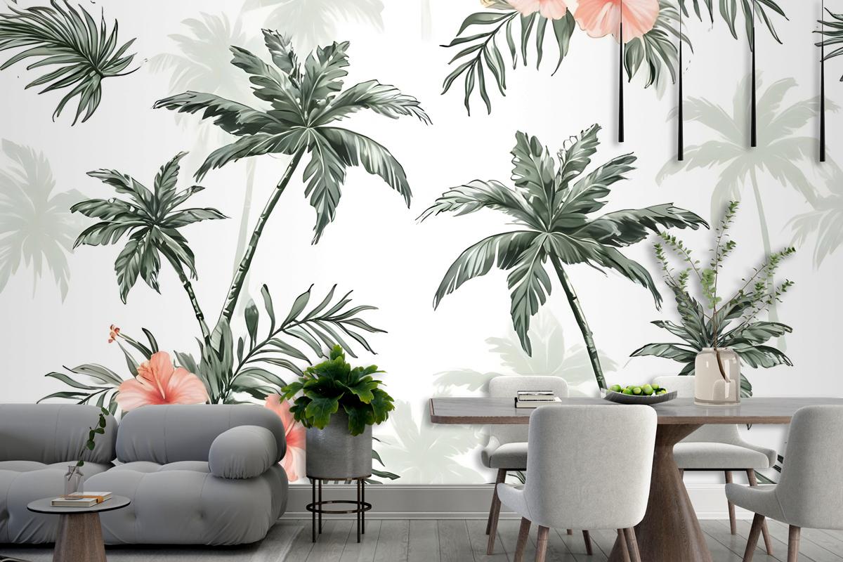 Tropical Palm Tree With Mirabilis Floral Pattern Wallpaper Mural