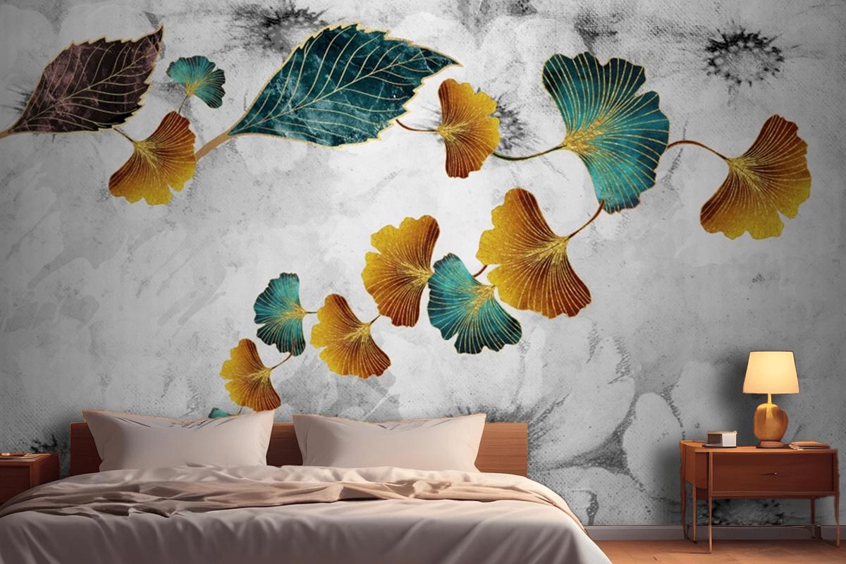 Turquoise And Golden Ginkgo Leaves In Light Gray Canvas Paint Bedroom Wallpaper Mural