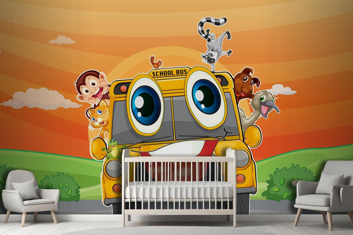 Various Animals In School Bus Wallpaper Mural