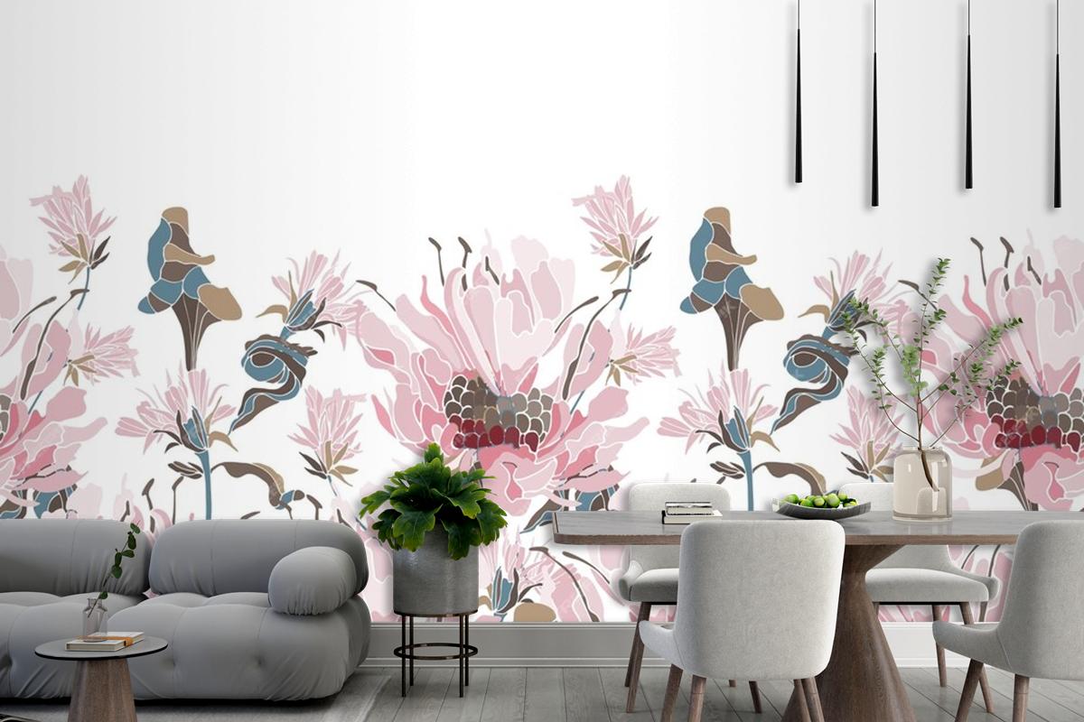 Pink Flowers Herbs Wallpaer Mural