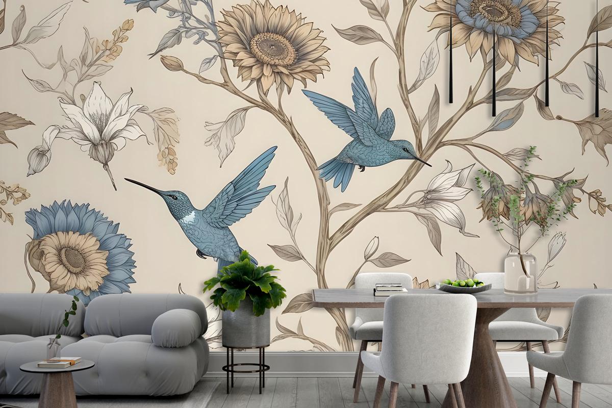 Vintage Flower With Hummingbird Wallpaper Mural