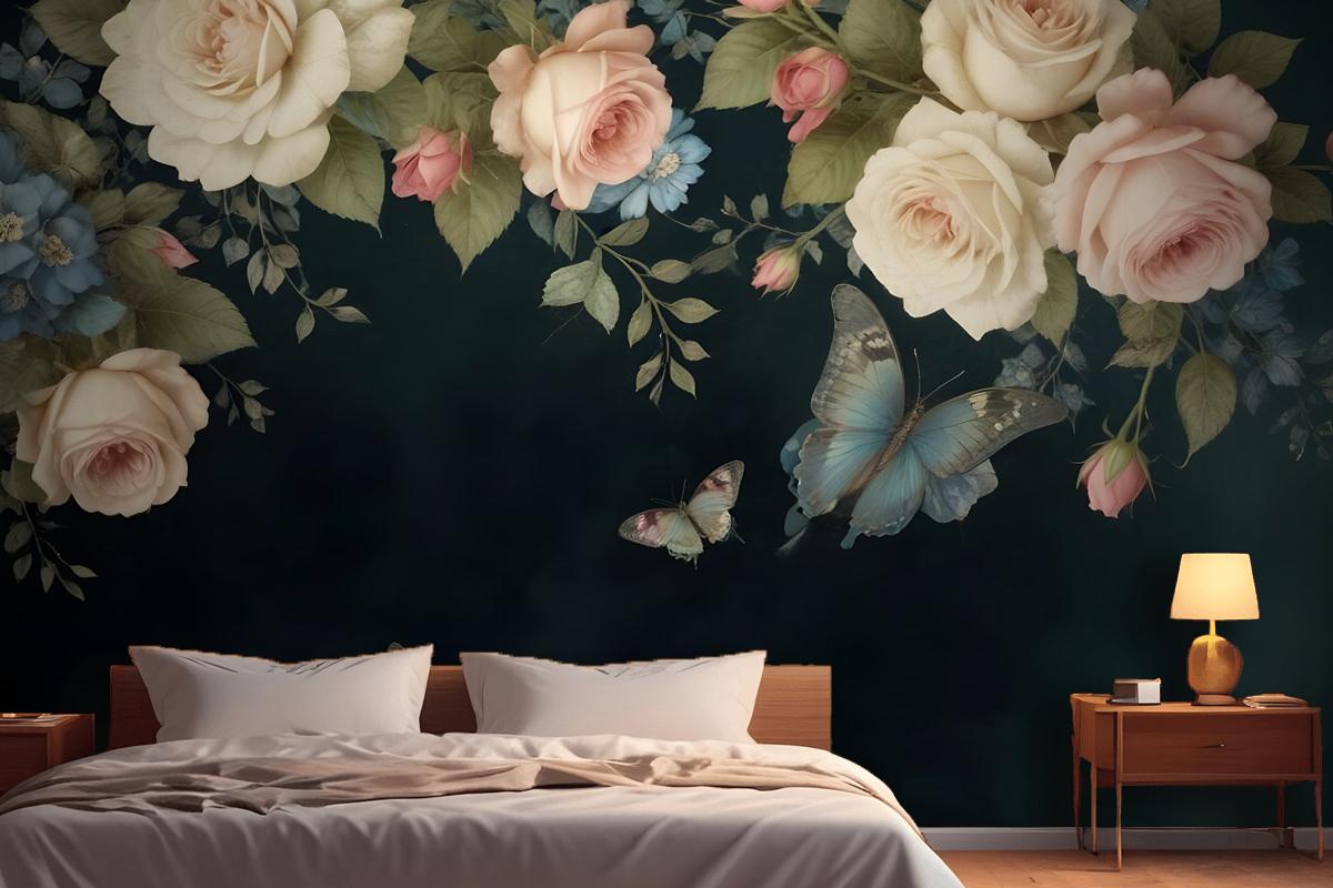 Vintage Oil Painting Dark Roses Bedroom Wallpaper Mural