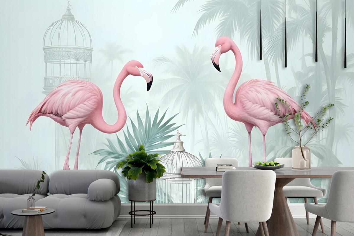 Vintage Pink Flamingo With Tropical Leaves Wallpaper Mural