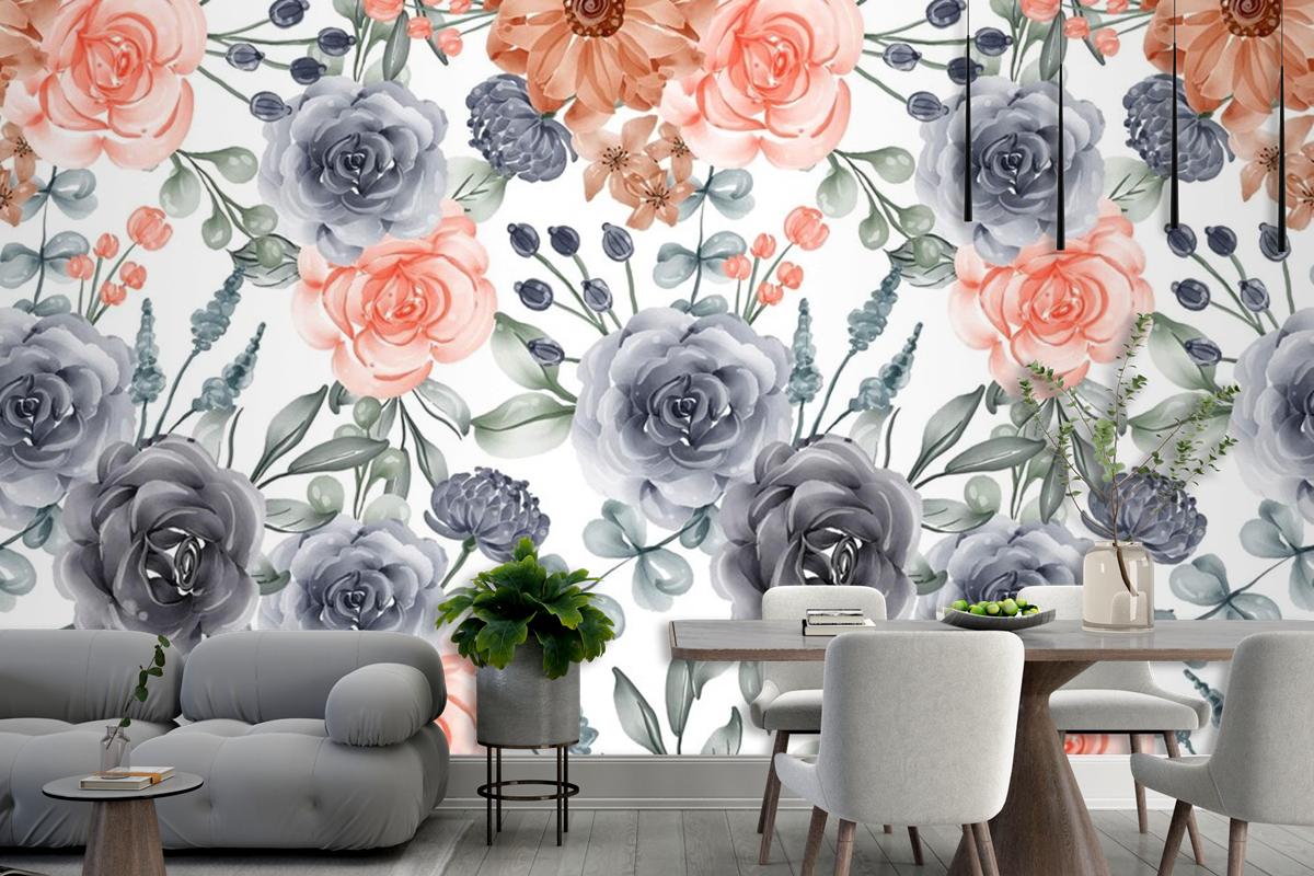 Watercolor Background Seamless Pattern Flower Navy And Peach Wallpaper Mural